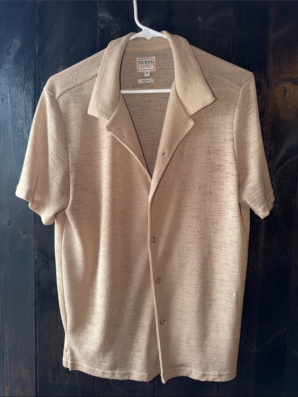 GUESS Men's Beige Short Sleeve Button-Down Knit Shirt